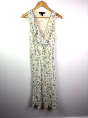 Y2k The Limited 100% silk Light Cream Floral Dress with Blue Print size 8